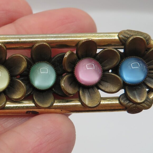 Vintage Neiger Brothers Czech Glass Cabochon Stone Floral Bar Brooch - Picture 5 of 8